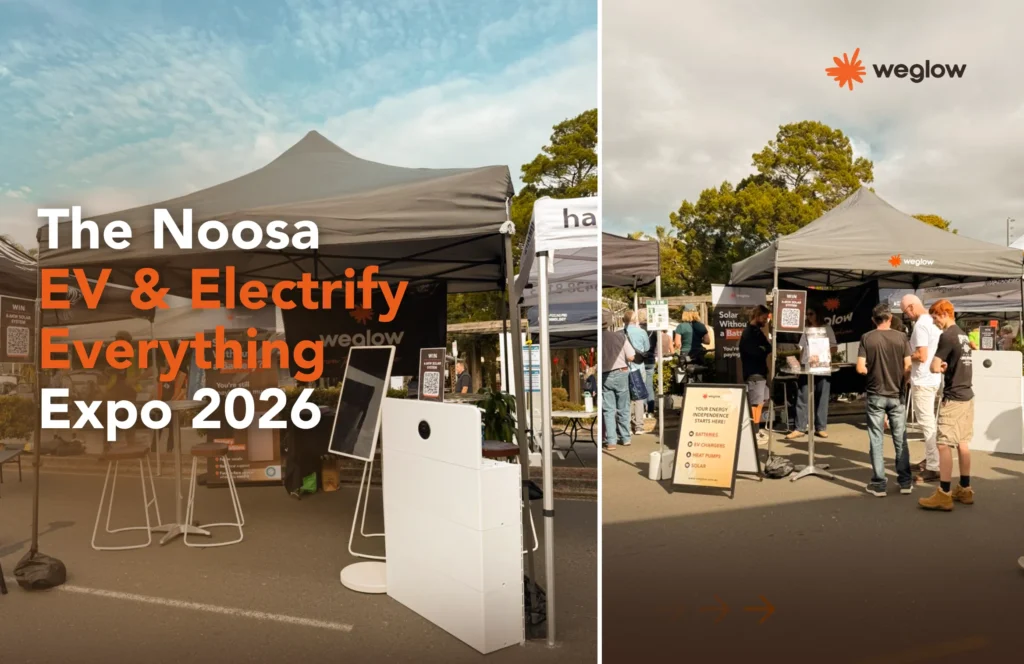 Weglow exhibiting solar panels, battery storage, and EV charging solutions at the Noosa EV & Electrify Everything Expo 2026 in Queensland, Australia.