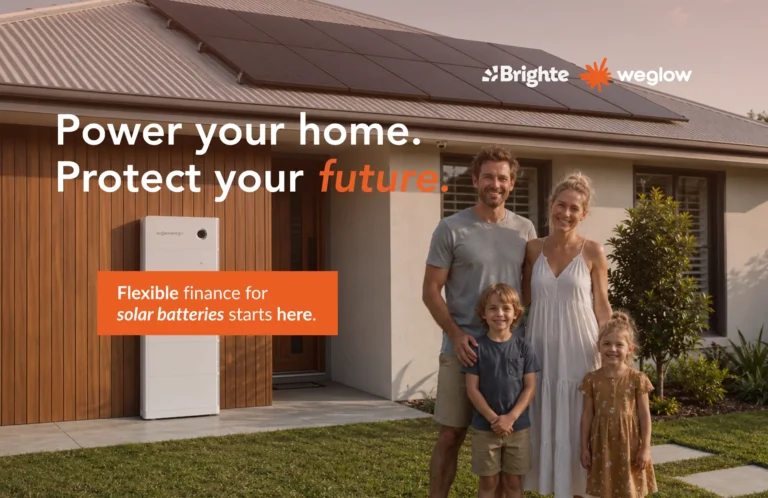 Queensland family home with solar panels and battery storage, promoting flexible solar battery finance from Weglow and Brighte.