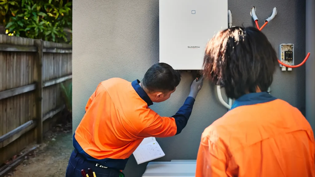 Qualified technicians installing a Sungrow solar and battery energy system at a Queensland home.