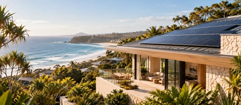 Coastal solar panels on a luxury Queensland home overlooking the ocean