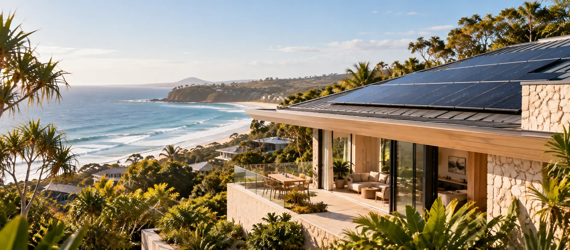 Coastal solar panels on a luxury Queensland home overlooking the ocean