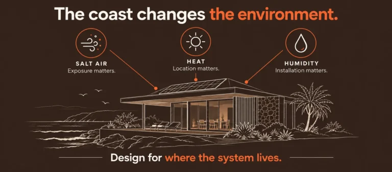 Coastal solar panels in Queensland affected by salt air, heat and humidity